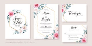 Set of floral wedding Invitation card, save the date, thank you, rsvp template.