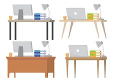 A set of four different modern office desk table with either a c vector illustration A set of four different modern office desk table with either a c vector illustration