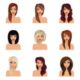 Set fryzury dla dziewczyn tworzy ich Avatar, młoda kobieta naga Fryzury dla długie włosy Twarzy szyja, oczy royalty ilustracja Set fryzury dla dziewczyn tworzy ich Avatar, młoda kobieta naga Fryzury dla długie włosy Twarzy szyja, oczy royalty ilustracja