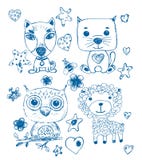Set of funny cool fantasy animals for children coloring books or t-shirts. Hand drawn line art cartoon vector royalty free illustration Set of funny cool fantasy animals for children coloring books or t-shirts. Hand drawn line art cartoon vector royalty free illustration