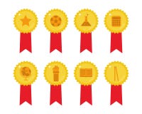 Set of 8 gold medals with red ribbon with educational icons inside for mathematics, literature, sports and more. stock illustration Set of 8 gold medals with red ribbon with educational icons inside for mathematics, literature, sports and more. stock illustration