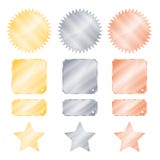 Set Gold Silver And Bronze Glossy Vector Stickers In The Shape Of A Circle With A Square Rectangle Teeth And Stars Stock Image
