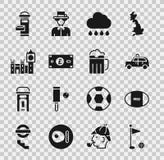 Set Golf flag, Rugby ball, Taxi car, Cloud with rain, Pound sterling money, Big Ben tower, London mail box and Wooden