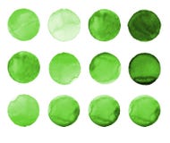 Set of green watercolor hand painted circle isolated on white. Illustration for artistic design. Round stains, blobs Stock Photo Set of green watercolor hand painted circle isolated on white. Illustration for artistic design. Round stains, blobs Stock Photo