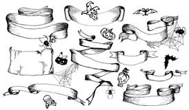 Set of Halloween hand drawn banners, ribbons, elements for decoration greeting cards or invitation. Hand drawn sketches for your d royalty free illustration Set of Halloween hand drawn banners, ribbons, elements for decoration greeting cards or invitation. Hand drawn sketches for your d royalty free illustration