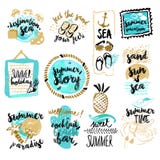 Set of hand drawn watercolor badges and stickers of summer