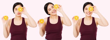 Set happy asian, chinese woman with good skin holding halves of orange near face, beauty skincare concept, collage japanese girl stock images Set happy asian, chinese woman with good skin holding halves of orange near face, beauty skincare concept, collage japanese girl stock images