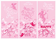 Set of 3 Holiday vertical banners with cute angels on hearts pin vector illustration Set of 3 Holiday vertical banners with cute angels on hearts pin vector illustration