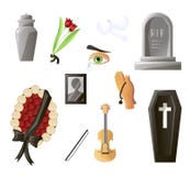 Set of items used at the funeral. Items that are associated with gunpowder. Coffin, flowers, gravestone, pigeon and others royalty free illustration Set of items used at the funeral. Items that are associated with gunpowder. Coffin, flowers, gravestone, pigeon and others royalty free illustration