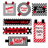 Set of labels with black and white background and red elements.Bright design for discount posters, flyers, cards, banner stock illustration Set of labels with black and white background and red elements.Bright design for discount posters, flyers, cards, banner stock illustration