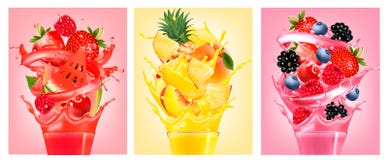 Set of labels with fruit in juice splashes. Stock Photo Set of labels with fruit in juice splashes. Stock Photo