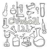 Set of laboratory equipment in black white outlined doodle style.Hand drawn childish chemistry and science icons set. Elements, vector illustration Set of laboratory equipment in black white outlined doodle style.Hand drawn childish chemistry and science icons set. Elements, vector illustration
