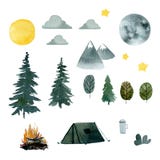 Set lato camping w lesie z namiotem, księżyc i drzewami, royalty ilustracja Set lato camping w lesie z namiotem, księżyc i drzewami, royalty ilustracja
