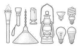 Set lighting object. Torch, candle, flashlight, different types electric lamps vector illustration Set lighting object. Torch, candle, flashlight, different types electric lamps vector illustration