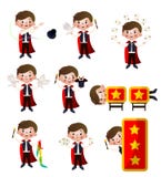 Set of magicians. The young magician performs different tricks with cards, with pigeons, rabbits. stock illustration Set of magicians. The young magician performs different tricks with cards, with pigeons, rabbits. stock illustration