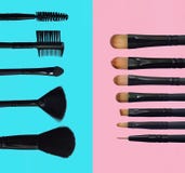 Set of makeup brushes on colored composed background royalty free stock photos Set of makeup brushes on colored composed background royalty free stock photos