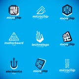 Set of microprocessor scheme abstract logotypes. Futuristic cybernetic vector motherboard. Digital elements, circuit board. stock illustration Set of microprocessor scheme abstract logotypes. Futuristic cybernetic vector motherboard. Digital elements, circuit board. stock illustration