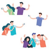 Set młodzi ludzie i nastoletnie pary robi selfie ilustracji Set młodzi ludzie i nastoletnie pary robi selfie ilustracji
