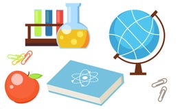Set od szkolnych przedmiotów Apple, kula ziemska, próbne tubki, książka, nauka, klamerka ilustracji Set od szkolnych przedmiotów Apple, kula ziemska, próbne tubki, książka, nauka, klamerka ilustracji