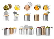 Set Of Different Canned Food On Background Royalty Free Stock Photos