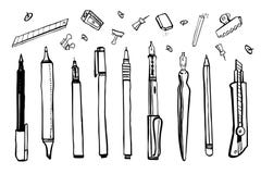 Set Of Hand Drawn Sketch Vector Artist Materials. Black And White Stylized Illustration With Drawing Tools. Pens, Pencils, Markers Royalty Free Stock Photography Set Of Hand Drawn Sketch Vector Artist Materials. Black And White Stylized Illustration With Drawing Tools. Pens, Pencils, Markers Royalty Free Stock Photography