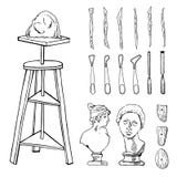 Set Of Hand Drawn Sketch Vector Sculptor Artist Materials. Black And White Stylized Illustration With Tools Royalty Free Stock Photography Set Of Hand Drawn Sketch Vector Sculptor Artist Materials. Black And White Stylized Illustration With Tools Royalty Free Stock Photography