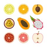 Set Of Isolated Colored Slices Of Lemon, Orange, Apricot, Passion Fruit, Pawpaw, Dragon Fruit, Pink Grapefruit And Red Apple On Wh Stock Photos Set Of Isolated Colored Slices Of Lemon, Orange, Apricot, Passion Fruit, Pawpaw, Dragon Fruit, Pink Grapefruit And Red Apple On Wh Stock Photos
