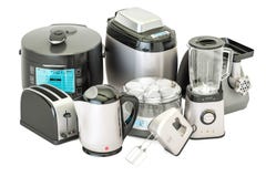 Set Of Kitchen Home Appliances. Toaster, Kettle, Mixer, Blender, Yogurt Maker , Multicooker, Grinder, Bread Machine, 3D Rendering Stock Image Set Of Kitchen Home Appliances. Toaster, Kettle, Mixer, Blender, Yogurt Maker , Multicooker, Grinder, Bread Machine, 3D Rendering Stock Image
