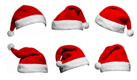 Set Of Red Santa Claus Hats Isolated On White Background Stock Image