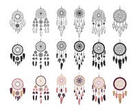 Set Of Vector Dreamcathers In Boho Style. Mystical Interiors. Three Styles: Line Art, Simple Style And Flat Stock Photo