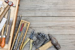 Set of old instruments for house repair and construction in smal Stock Photography Set of old instruments for house repair and construction in smal Stock Photography