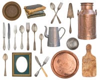Set of old and wooden items. Silverware, kitchen accessories. spoons, forks, books, milk can, teapot, picture frames, board royalty free illustration Set of old and wooden items. Silverware, kitchen accessories. spoons, forks, books, milk can, teapot, picture frames, board royalty free illustration