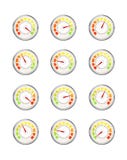 Set of performance measurement with different value, glossy metal speedometer icons on white Stock Image Set of performance measurement with different value, glossy metal speedometer icons on white Stock Image
