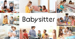 Set with pictures of adorable children and nannies stock photos Set with pictures of adorable children and nannies stock photos