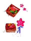 Set of pieces of cake with almonds and strawberries,Lollipop with a bow and twigs of pink flowers. Watercolor illustration stock image Set of pieces of cake with almonds and strawberries,Lollipop with a bow and twigs of pink flowers. Watercolor illustration stock image