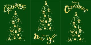 Set of postcard Happy Holidays, Happy New Year, Christmas holiday. Gold lettering and stylized Christmas tree on green, stock vector illustration vector illustration Set of postcard Happy Holidays, Happy New Year, Christmas holiday. Gold lettering and stylized Christmas tree on green, stock vector illustration vector illustration