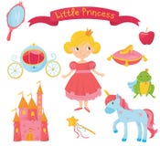 Set of princess items. Girl in dress, handle mirror, carriage, apple, frog prince, shoe on pillow, castle, magic wand Royalty Free Stock Image Set of princess items. Girl in dress, handle mirror, carriage, apple, frog prince, shoe on pillow, castle, magic wand Royalty Free Stock Image