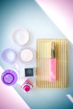 Set of professional decorative cosmetics, makeup tools and accessory on multicolored background. beauty, fashion, party royalty free stock photography Set of professional decorative cosmetics, makeup tools and accessory on multicolored background. beauty, fashion, party royalty free stock photography