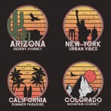 Set projekt dla amerykańskiej slogan koszulki Arizona, Nowy Jork, Kolorado i Kalifornia typografii grafika dla grunge trójnika ko ilustracji Set projekt dla amerykańskiej slogan koszulki Arizona, Nowy Jork, Kolorado i Kalifornia typografii grafika dla grunge trójnika ko ilustracji