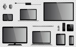 Set of realistic TV, computer monitor, laptops, tablet, mobile phone, smart watch, usb flash drive, GPS navigation system device, royalty free illustration Set of realistic TV, computer monitor, laptops, tablet, mobile phone, smart watch, usb flash drive, GPS navigation system device, royalty free illustration