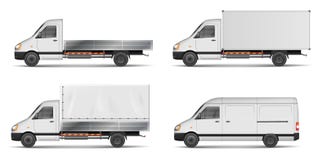 Set of realistic white cargo vehicles. vector illustration with heavy truck, trailer, lorry, Mini bus, delivery van royalty free illustration Set of realistic white cargo vehicles. vector illustration with heavy truck, trailer, lorry, Mini bus, delivery van royalty free illustration