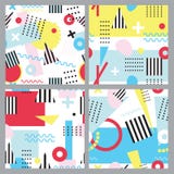 Set of seamless patterns in memphis style. Colorful and striped geometric elements on white background with neon colors. royalty free illustration Set of seamless patterns in memphis style. Colorful and striped geometric elements on white background with neon colors. royalty free illustration