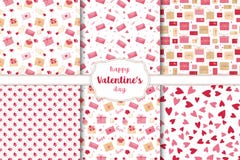 Set of seamless patterns for valentine&#x27;s day. Hearts, flowers, letters and gifts on a white background.