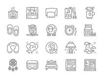 Set of Sleep Line Icons. Aroma Lamp, Bed, Pillow, Headphone, Hot Tea and more. stock illustration Set of Sleep Line Icons. Aroma Lamp, Bed, Pillow, Headphone, Hot Tea and more. stock illustration