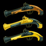 Set of three ancient pistols closeup vector illustration