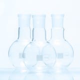 Set of three empty spherical flat bottomed temperature resistant flasks Stock Photo Set of three empty spherical flat bottomed temperature resistant flasks Stock Photo