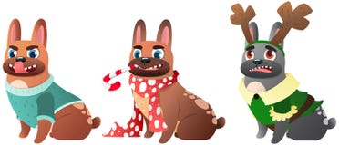 Set of three French Bulldogs during the winter holiday stock illustration Set of three French Bulldogs during the winter holiday stock illustration