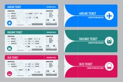 Set of tickets airplane, bus and train. Travel around the world and countries. Recreation and entertainment. Business Royalty Free Stock Image Set of tickets airplane, bus and train. Travel around the world and countries. Recreation and entertainment. Business Royalty Free Stock Image