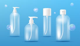 Set of Transparent Perfume Bottles. Clean plastic bottle template with dispenser for liquid soap, shampoo, shower gel. Lotion, body milk with transparent royalty free illustration Set of Transparent Perfume Bottles. Clean plastic bottle template with dispenser for liquid soap, shampoo, shower gel. Lotion, body milk with transparent royalty free illustration