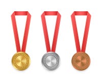 Set of vector labels gold, silver and bronze with ribbons with red and gold ribbon with stars on white background. Collection of w Stock Images Set of vector labels gold, silver and bronze with ribbons with red and gold ribbon with stars on white background. Collection of w Stock Images